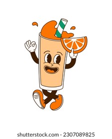 Orange juice glass character in comic cartoon style. Hand drawing of funny fruit drink mascot in retro style. Isolated vector illustration