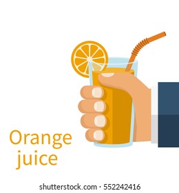 Orange juice in a glass cup hold in hand. Vector illustration flat design. Isolated on white background. Healthy food. Useful natural drink. Vitamin C.