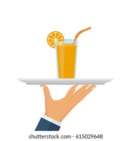 Orange juice in glass cup on tray in hand of waiter.  Vector illustration flat design. Isolated on white background. Healthy food. Useful natural drink. Tropical refreshing drink. Vitamins breakfast.