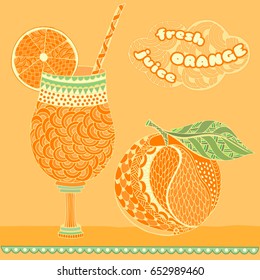 Orange juice, glass and orange. Doodle and zentangle style. Hand drawn.  Vector illustration.