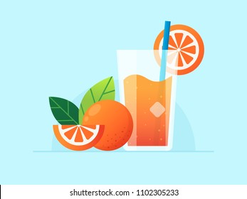 Orange Juice in Glass. Flat Design Style. 