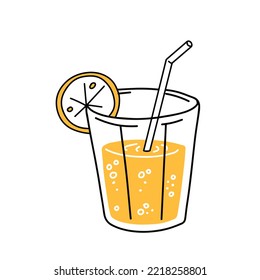 Orange juice. Glass of fresh drink. Trendy outline cartoon. Thirst quenching and summer cocktail