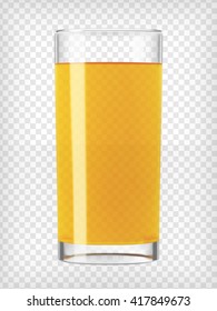 Orange juice glass. Fruit organic drink. Healthy diet and clean eating concept. Cleansing and detox. Vegan juicing. Tall glass with beverage. Transparent  photo realistic vector illustration. 