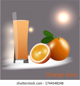 Orange Juice in Glass, Fruits with Lighting Background