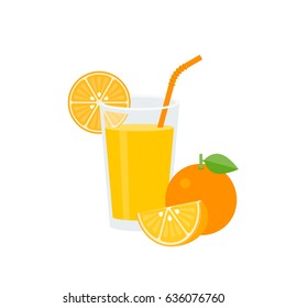 Orange juice in glass with green straw and ripe, whole of orange, flat design vector