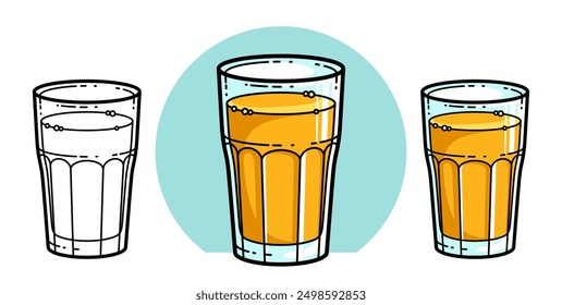 Orange juice in a glass isolated on white background vector illustration 3 versions set, cartoon style logo or badge for pure fresh juice, diet food beverage delicious and healthy. 