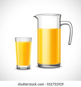 Orange juice in glass and jug design composition in realistic style on white background vector illustration