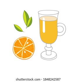 Orange juice glass. Natural fresh orange juice, orange fruit slice, leaves. Hand drawn sketch illustration. 
