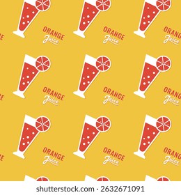 Orange juice in glass in retro aesthetic on a joyful yellow background, seamless pattern. For retro and nostalgic concepts, designing posters, menus, cards, and invitations for themed cocktail parties