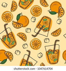 Orange juice in a glass. Seamless pattern with natural fresh . Orange slice, tube for drinking. Healthy organic food. Citrus fruit. Vector illustration isolated on white background. 