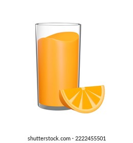 Orange juice in a glass and a slice of orange 3d object. Isolated on transparent background