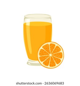 Orange juice in glass and slice of citrus fruit isolated on white background. Vector cartoon flat illustration. Healthy drink icon