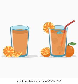 Orange juice in a glass with orange slice and half. Natural fresh citrus drink with straw and ice cube. Vector illustration.
