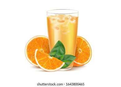 Orange juice of glass with orange slice of pieces isolated on white background. Realistic vector 3D illustration.