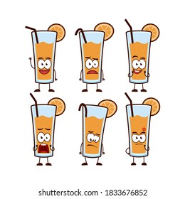 Orange juice in glass with straw and orange fruit character cartoon mascot set expression pose in cute funny style
