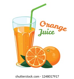 Orange juice in glass with straw isolated on white background. Slice of citrus with green leaves. Bright color vector illustration of fresh drink in simple flat cartoon style.