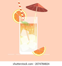 Orange juice in a glass with a straw and a parasol. Oranges. Summer cocktail with ice. Refreshing drink.