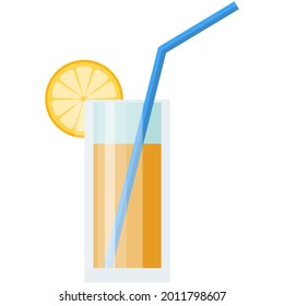 Orange juice glass with straw vector. Fruit drink isolated icon. Healthy summer cocktail. Flat fresh beverage illustration. Cartoon lemonade isolated on white background