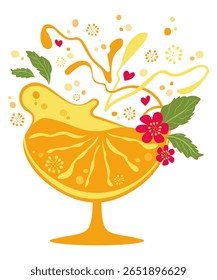 Suco de laranja em vidro. Bebida vetorial estilizada com folhas de hortelã e bolhas refrescantes. Design plano brilhante para cafés, restaurantes, hotéis. Cocktail leve de citrinos