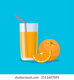 Orange juice in a glass. Vitamins for health. Vector illustration in flat style