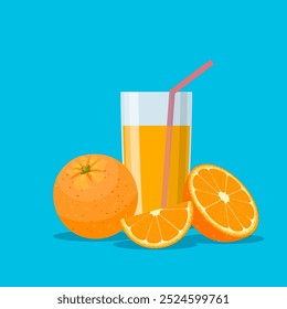 Orange juice in a glass. Vitamins for health. Vector illustration in flat style