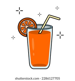 Orange juice in a glass with yellow pipe icon. Fresh drink, health beverage, refreshment, vitamin C, diet, citric. Vector with editable colors and stroke.