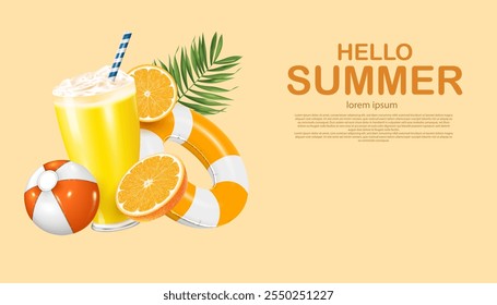 copo de suco de laranja, fatias de laranja, anel de natação, bola de praia e folhas de palma voando no fundo amarelo claro.hello conceito de verão publicidade e marketing banner comercial vetor ilustração.