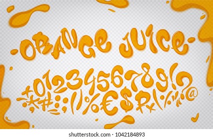Orange juice hand drawn signs and numbers. Vector illustration set on transparent background.