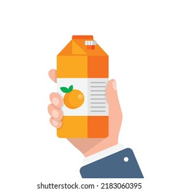 Orange juice in hand icon in flat style. Fruit beverage vector illustration on isolated background. Citrus drink sign business concept.