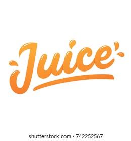 Orange juice, handwritten lettering with juicy drops. Isolated vector logo, modern hand drawn text.