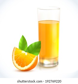 Orange juice healthy drink in glass and citrus fruit with leaf emblem vector illustration