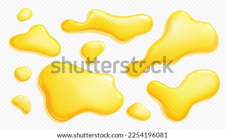 Orange juice, honey, yellow paint or oil spills and drops. Liquid puddles of clear fruit juice, sweet syrup, mango, lemon or pineapple drink, vector realistic illustration 商業照片 © 