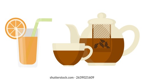 Orange juice and hot tea with teapot illustration