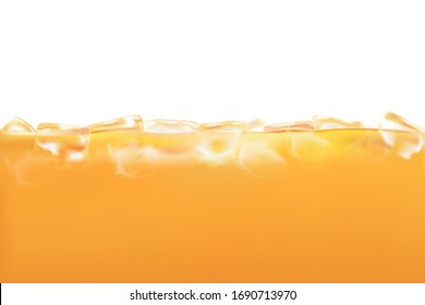 Orange juice with ice cube isolated on white background. Season sweet of tropical fruits. Realistic vector 3D illustration.