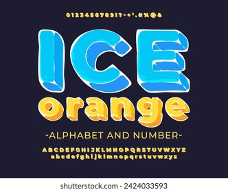 Orange juice with ice. Ice cube style font. Frozen orange juice alphabet. Set contains big and small letters, numbers and symbols. Vector illustration