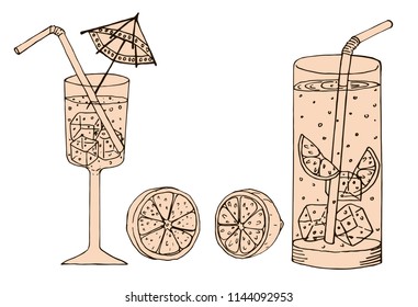 Orange juice with ice in a wine glass and lemonade in a glass with lemon and ice slices