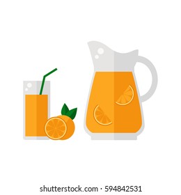 Orange juice icon isolated on white background. Glass with straw, pitcher and orange fruit. Refreshing drink. Flat vector illustration design. 