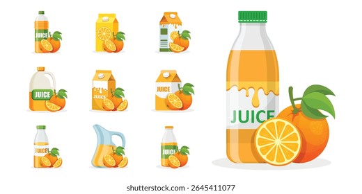 Orange juice icon set collection in flat style. Fruit drink vector illustration on isolated background. Fresh juice sign business concept.