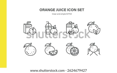 Orange Juice Icon Set. Thin Line Illustrations of Citrus Beverages, Carton Packs, Orange Smoothies, Sliced Oranges and Orange Juice Extraction for Fresh Drink and Nutrition Concepts