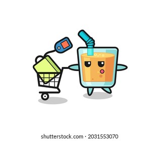 orange juice illustration cartoon with a shopping cart , cute style design for t shirt, sticker, logo element