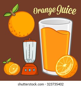 Orange juice ingredients and equipment in vector illustration