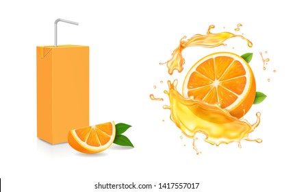 Orange juice isolated icons on white background. Orange fruit drink package box and juice splash realistic set.