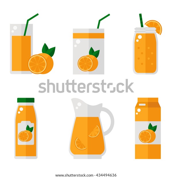 白い背景にオレンジのジュースのアイコン オレンジジュースのボトル ガラス パックセット フラットスタイルのベクターイラスト のベクター画像素材 ロイヤリティフリー