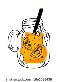 Orange juice in jar with straw isolated on white background