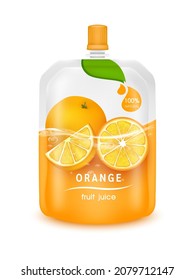 Orange Juice Jelly Drink In Foil Pouch With Top Cap And Design Of Orange Fruit Red Packaging Mock Up. Isolated On A White Background. Realistic 3D Vector EPS10 Illustration.