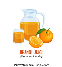 Orange juice in a jug and a glass and fruits orange. Vector illustration healthy food and drink.