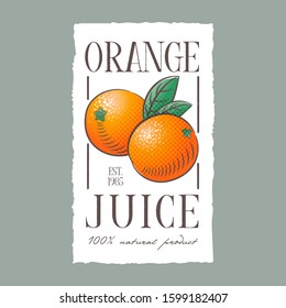 Orange juice label. Healthy fruit beverage. Two orange fruits with leaves on a white label with uneven edge. Engraving Style Illustrations.