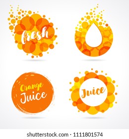 Diseño de juego de salpicaduras de zumo de naranja. Tiran el logo grabado con burbujas en fondo blanco. Diseño de mango, piña y zumo de papaya, forma de ilustración vectorial creativa