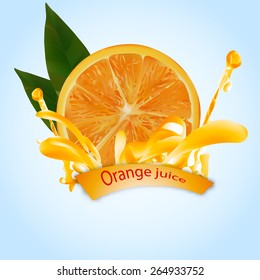 orange juice and orange with leaf . done gradient mesh on blue background . vector illustration . eps 10