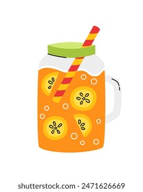 Orange juice, lemonade in a glass mug. Vector cartoon flat illustration.